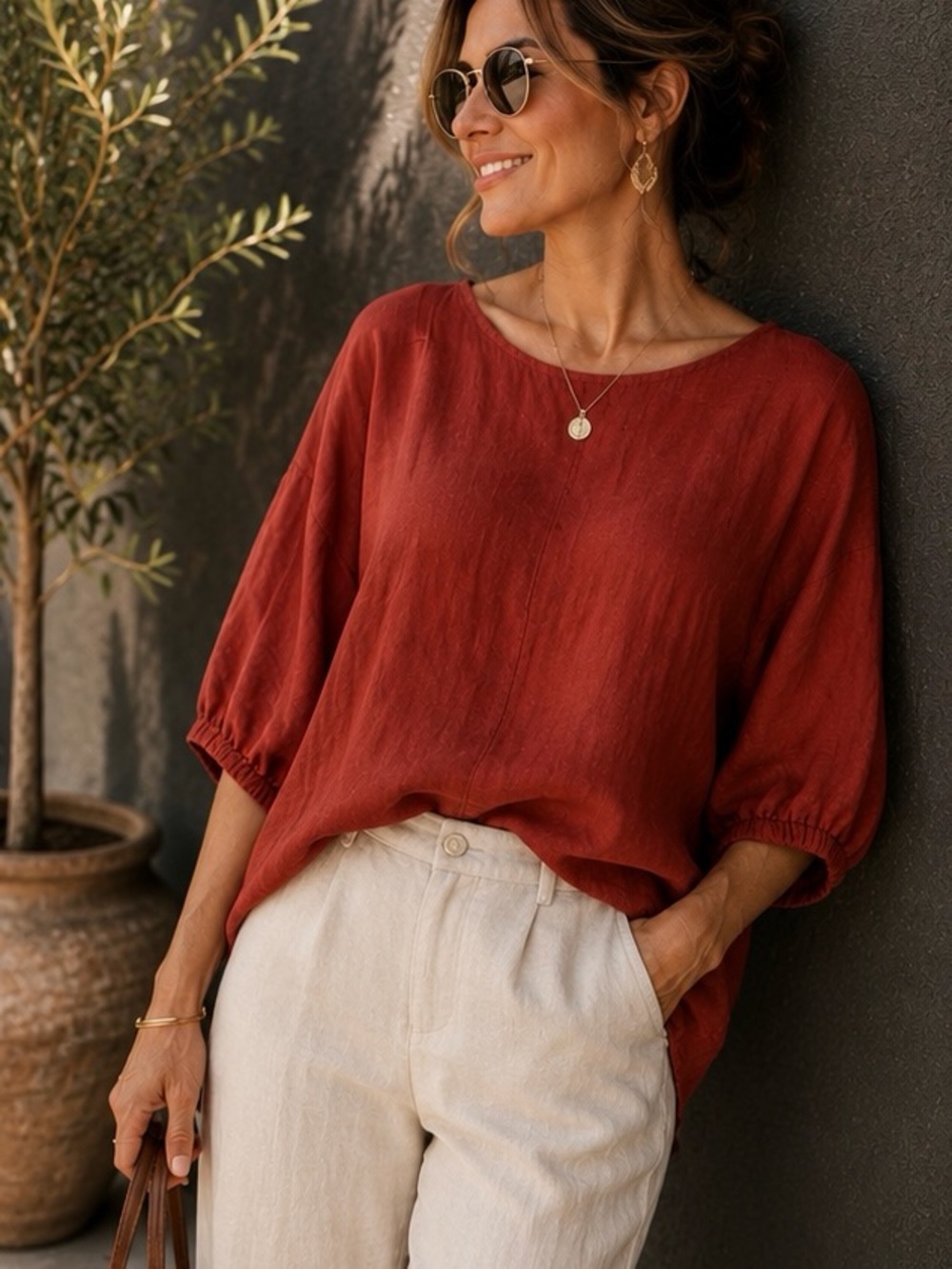 Terzo Millennio 100% Linen Relaxed Rust Red Tunic Top Size S
